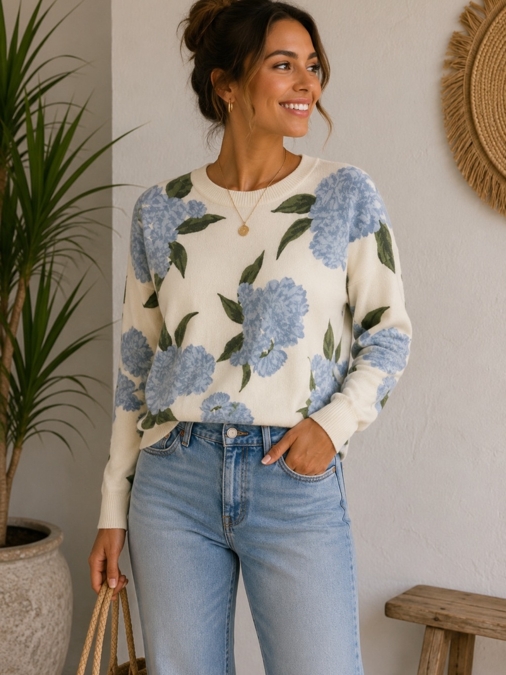 CeCe Floral Sweater in Cream and Blue
